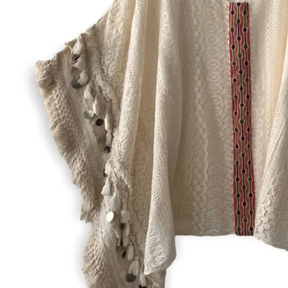 Avani Del Amour pullover Boho 100% Cotton crochet hippie Fringe poncho Size S/M - Picture 15 of 15
